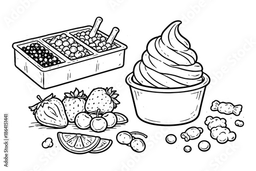 Hand drawn frozen yogurt with toppings and fresh fruits