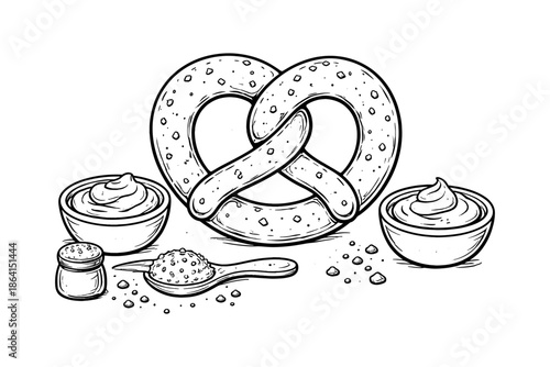 Hand drawn pretzel with dipping sauces and seasoning in black and white sketch