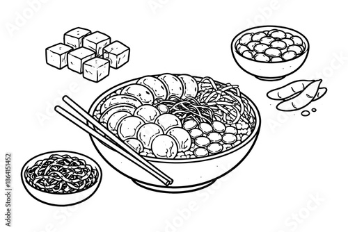 Black and white ramen bowl with toppings and sides in line art