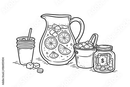 Hand drawn lemonade set with juice pitcher, ice buckets, and coin jar