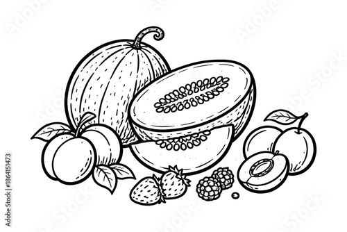 Hand drawn melon and summer fruits art with peaches and berries