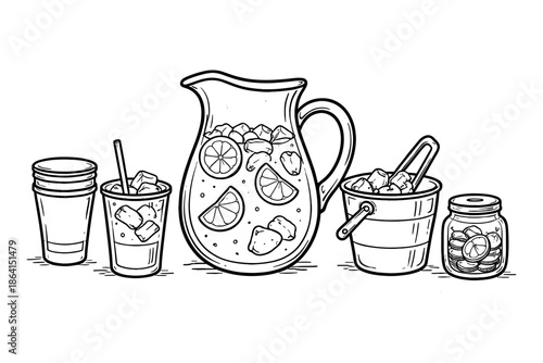 Refreshing lemonade set with pitcher, cups, and jar in black and white hand drawn style