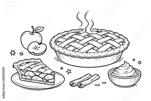 Delicious homemade apple pie with cinnamon and whipped cream in black and white