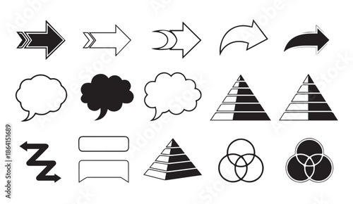 Collection of various black and white business chart and speech icons, arrows, and graphs.