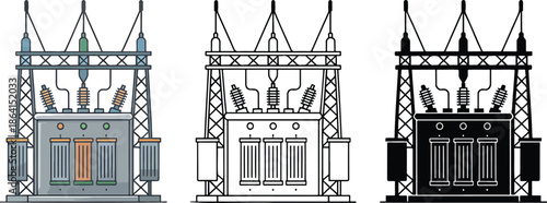 Electrical substation silhouette & Outline and illustration set isolated on transparent background