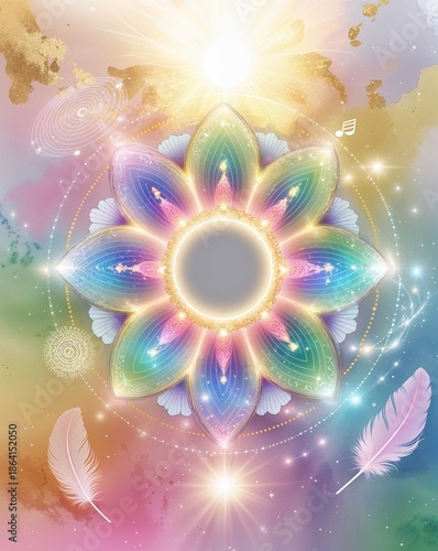 Beautiful sacred mandala surrounded by nature, colorful background