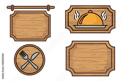 Vintage Wooden Signboard, rustic restaurant banners with fork and knife icon, steaming food cover, classic wooden frame labels, and traditional vector illustration style.