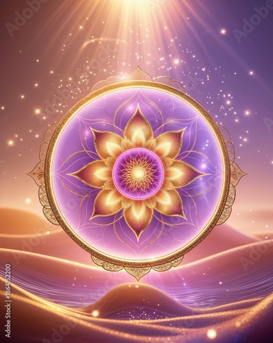 Beautiful sacred mandala surrounded by nature, colorful background