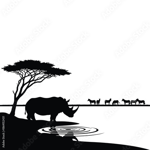 Serene savannah silhouette scene with rhinoceros and wildlife