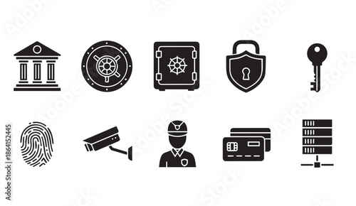 Security icons set including bank, safe, lock, key, fingerprint, camera, guard, and server