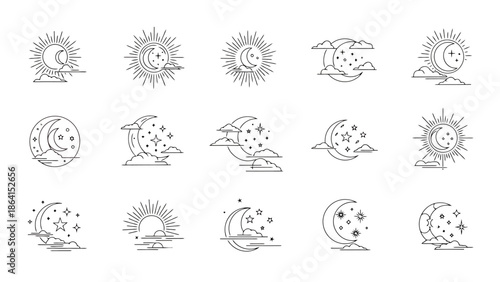 Celestial Icons Set Sun Moon Clouds and Stars Outline Elements