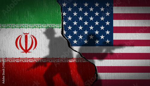 Photos National flags of USA and Iran on a cracked stone wall with soldier silhouettes