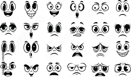 Cartoon facial expressions set with emotions, happy sad angry surprised confused faces, character design grid - flat vector illustration