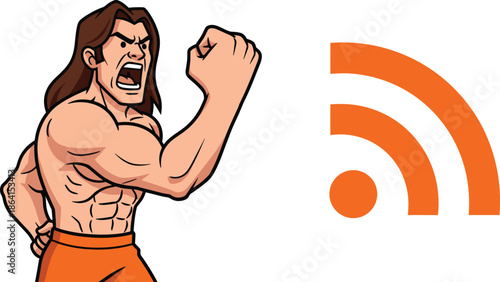 Cartoon man shouting, RSS icon power, bold communication concept, expressive pose, digital broadcast theme, flat vector illustration