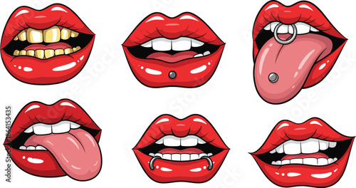 Cartoon mouth expressions with piercings, gold teeth, tongue out, red lips, playful style, six variations - flat vector illustration