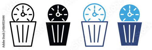 Time management icon. time waste symbol. vector illustration. bin with clock icon set.