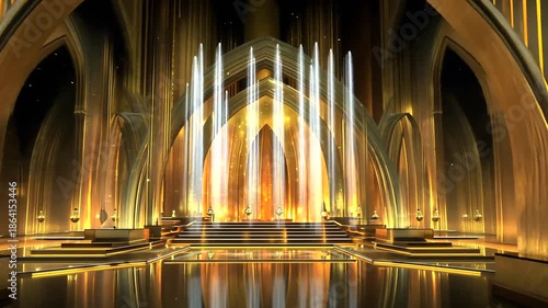 Golden hall with light beams shining down, creating a majestic and ethereal atmosphere.