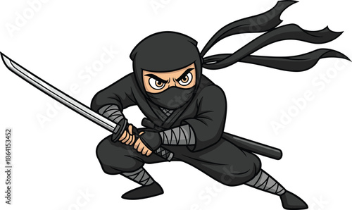Cartoon ninja character crouching with katana sword, intense expression, black outfit, stealth pose, martial arts action - flat vector illustration