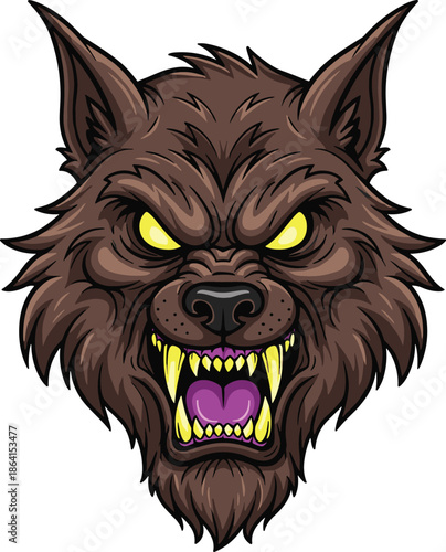 Aggressive werewolf head character, cartoon monster design, glowing eyes and fangs, dark fantasy theme, flat vector illustration