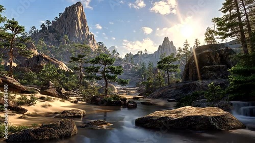 Scenic mountain landscape with a flowing river and lush greenery under a bright sky.