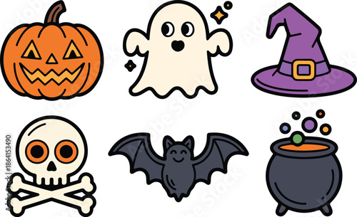 Black halloween icons set with pumpkin ghost and skull