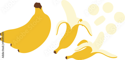Banana stages whole peeled sliced, fruit concept, cartoon style, tropical food, healthy snack, nutrition icon - flat vector illustration