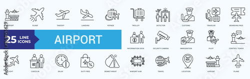 Airport Icon Pack Illustration Vector Outline Style with airport, plane, takeoff, landing, voyage, trolley, detector, customs, traveler, boarding pass, 