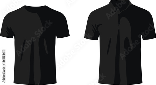 Black crew-neck t-shirt and polo shirt front view comparison for fashion design and apparel styling, flat vector illustration