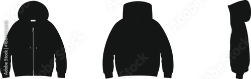 Black hoodie front back side view, fashion apparel, casual wear, zipper sweatshirt, clothing mockup, streetwear style - flat vector illustration