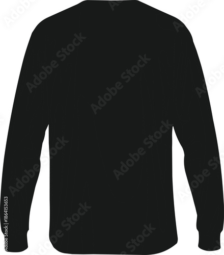 Black long sleeve shirt back view, plain crew neck top, ribbed cuffs, casual fashion garment, blank apparel mockup – flat vector illustration