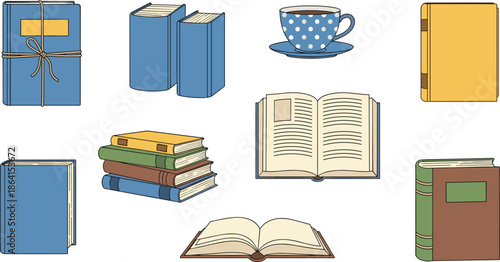 Books collection cartoon style, reading concept, stacked books, open pages, teacup decor, cozy study theme, literature icons - flat vector illustration