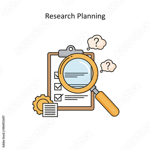 Research planning concept with magnifying glass and clipboard checklist
