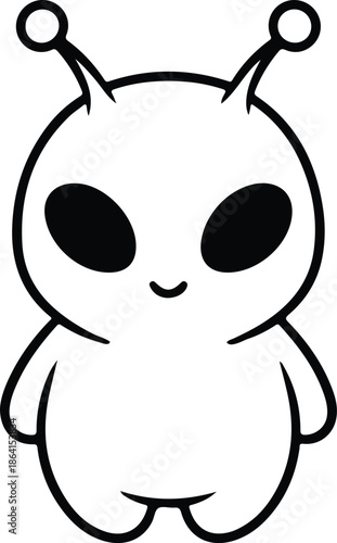 Cute Alien Character Black and White Vector Illustration Isolated on White