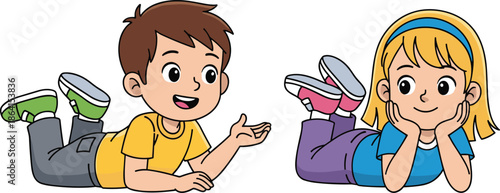 Cartoon children lying on stomachs talking, friendly interaction, casual pose, communication and companionship theme - flat vector illustration