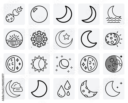 Sky And Space Events – Crescent Moons, Eclipses, And Weather Like Snow And Rain For Design And Infographics