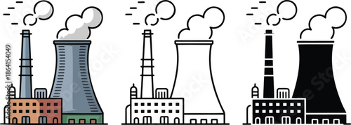 Industrial power plant silhouette & Outline and illustration set isolated on transparent background