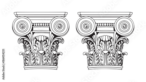 Vector illustration of two Corinthian column capitals with elaborate floral and scroll decorations, highlighting the beauty of classical architecture..