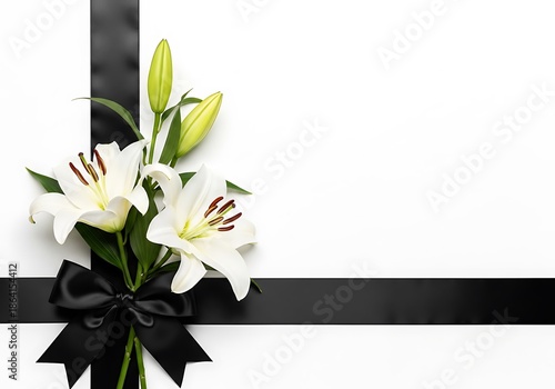 Elegant white lilies bouquet framed by black satin ribbon, ideal template for funeral programs, death announcements, and commemorative services