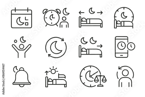 Tracking bedtime sleep clock window icons care regularity vector biological icon time