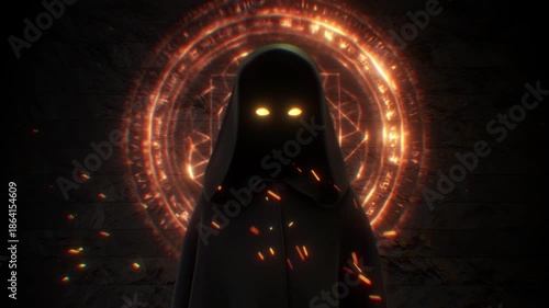 A mysterious hooded figure surrounded by glowing flames and embers, and stood in front of a stone wall with glowing mystical dark magic symbols.
