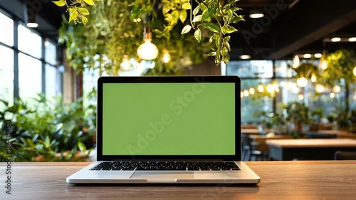 Laptop with a green screen on a wooden table in a cafe surrounded by plants.