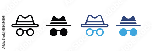 Incognito mode icon set with private browsing hat and glasses symbol. vector illustration