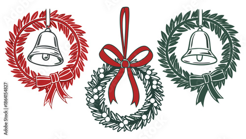 Holiday wreaths with bells and ribbons