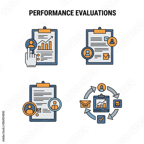Employee performance evaluation process with clipboard icons and graphs