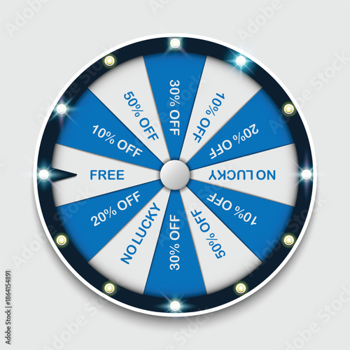 A blue and white prize wheel with various discounts and prizes