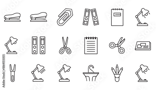 Office supplies and stationery icons for business and organization needs