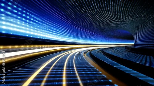 Abstract blue and yellow light trails in a futuristic tunnel, symbolizing speed and technology.