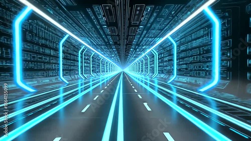 Futuristic tunnel with neon lights, a modern and abstract design.