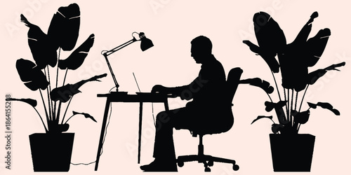 man working at desk silhouette, home office illustration with laptop, productivity setup, indoor plants decoration, remote work lifestyle vector, modern home workspace, and digital office concept.