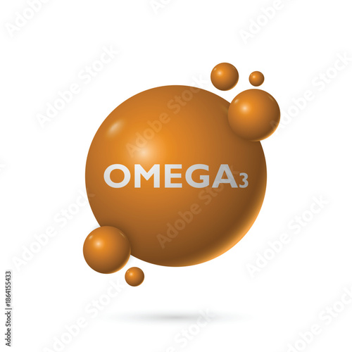 Omega 3 logo with golden bubbles on white background